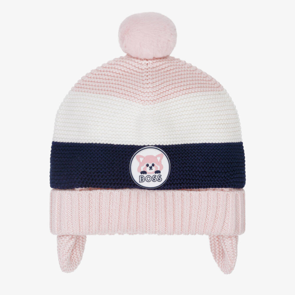 BOSS-Girls Pink Pom-Pom Knit Hat | Childrensalon Outlet