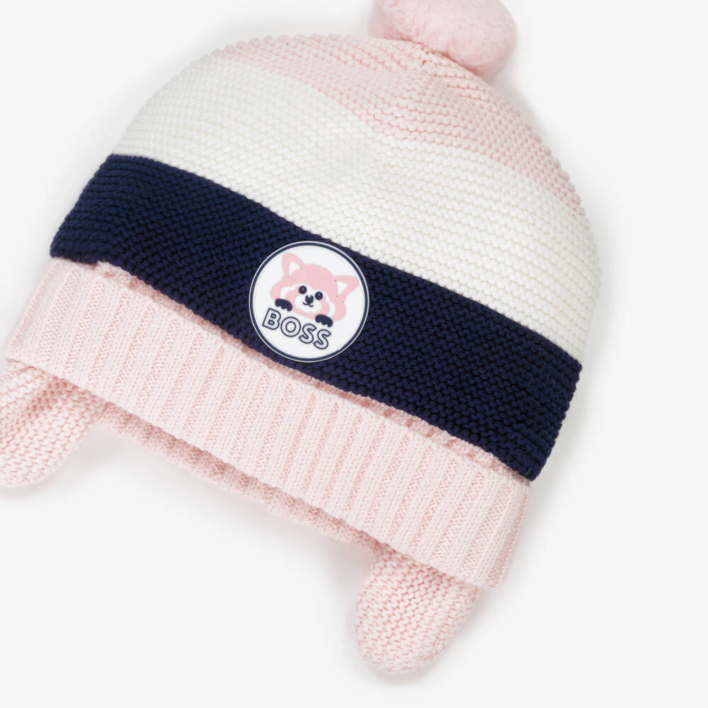BOSS-Girls Pink Pom-Pom Knit Hat | Childrensalon Outlet