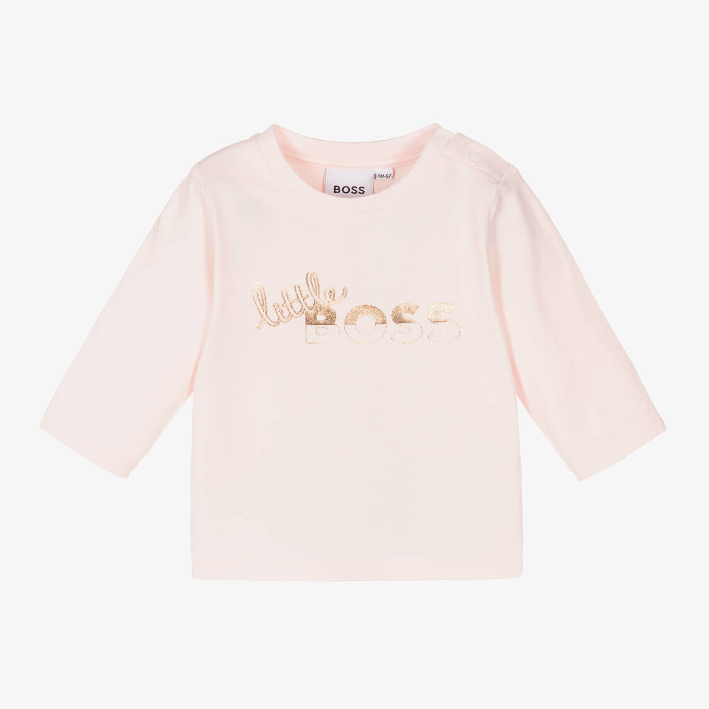 BOSS - Girls Pink & Rose Gold Cotton Top  | Childrensalon