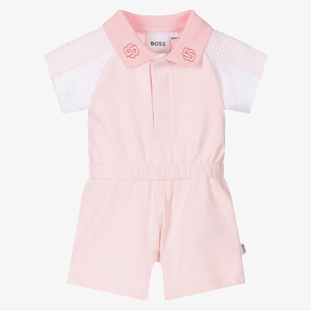 BOSS-Girls Soft Pink Cotton Romper | Childrensalon Outlet