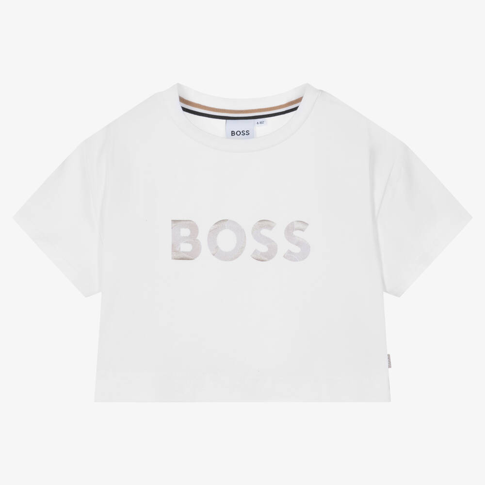 BOSS - Weißes kurzes Baumwoll-T-Shirt | Childrensalon