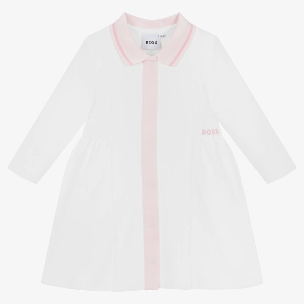 BOSS - Girls White Cotton Dress | Childrensalon