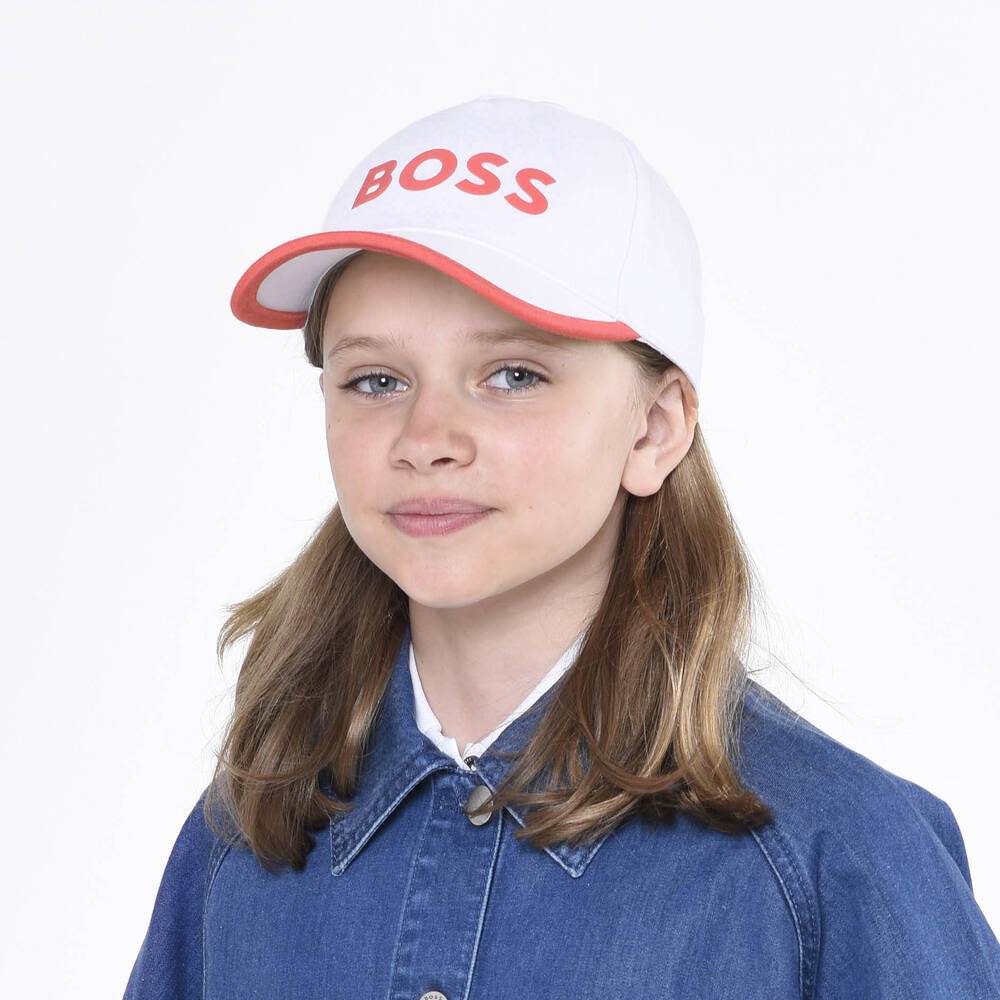 BOSS Girls White Cotton Logo Cap Childrensalon Outlet