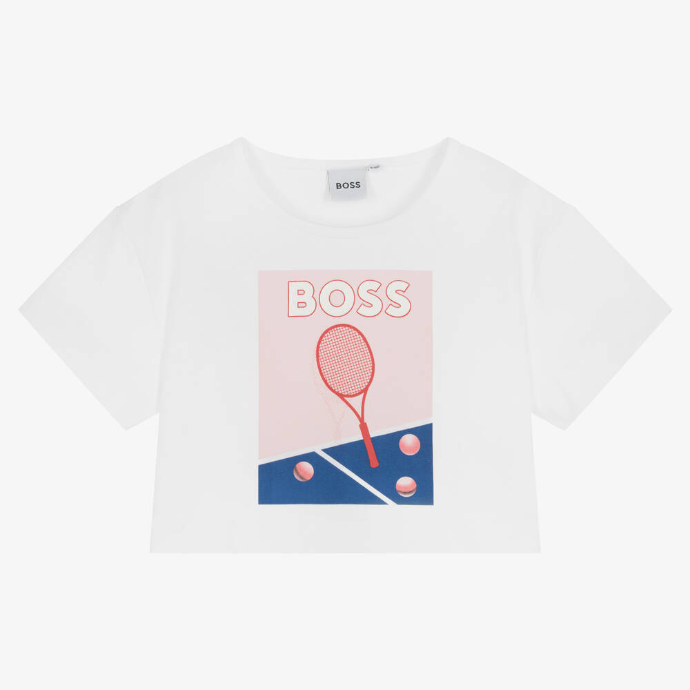 BOSS - Girls White Cotton Logo T-Shirt | Childrensalon