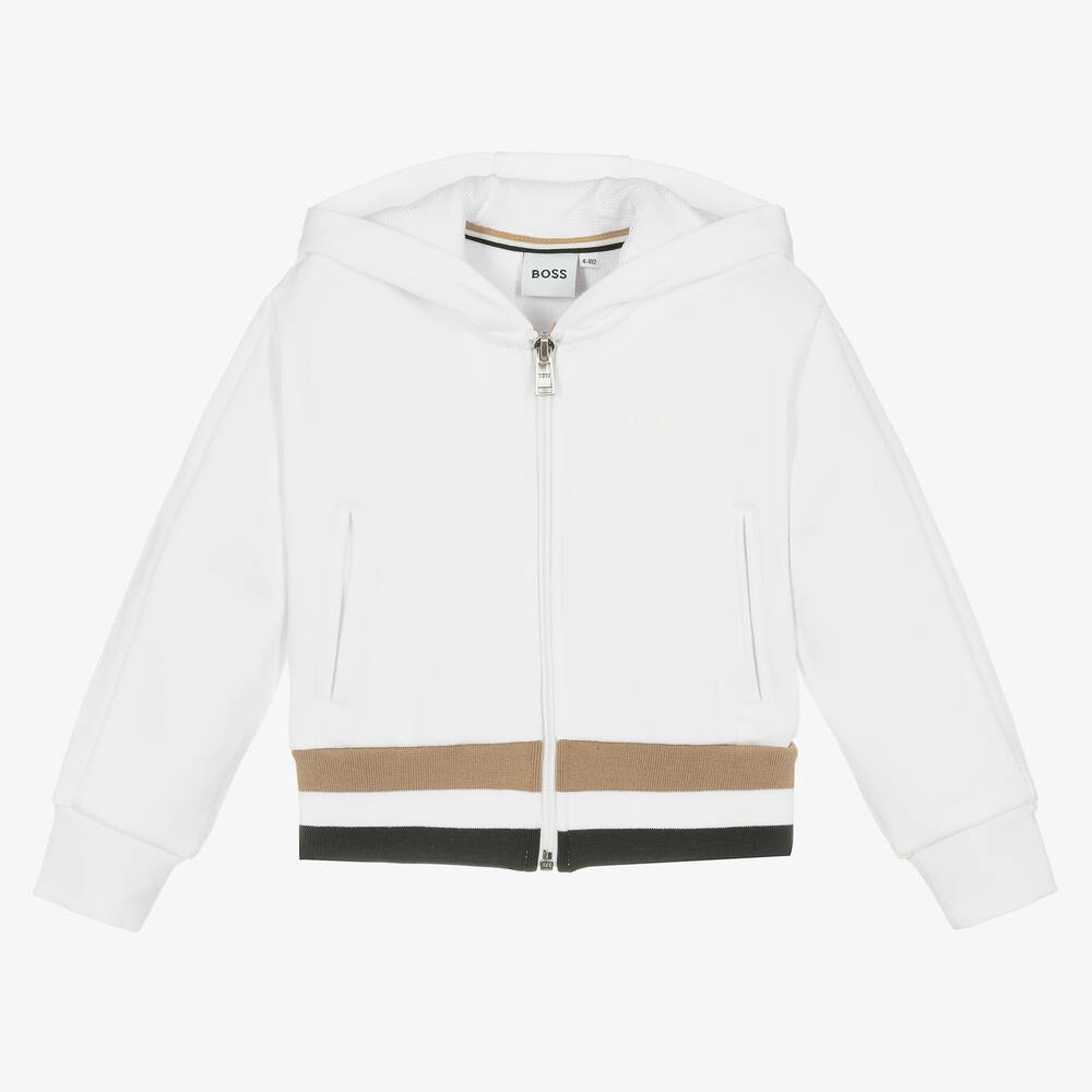 BOSS - Girls White Logo Zip-Up Hoodie | Childrensalon