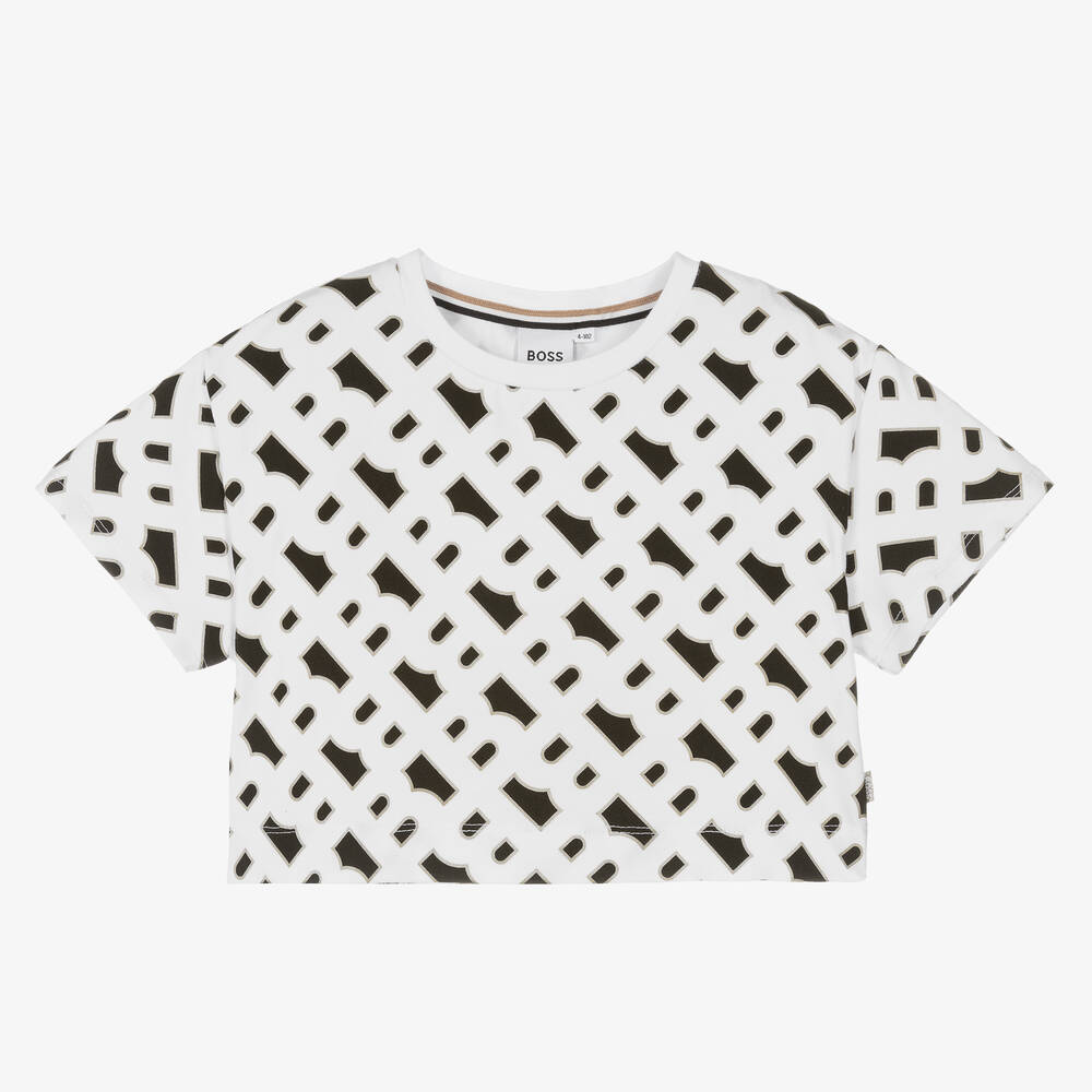 BOSS - Girls White Monogram Cropped T-Shirt | Childrensalon
