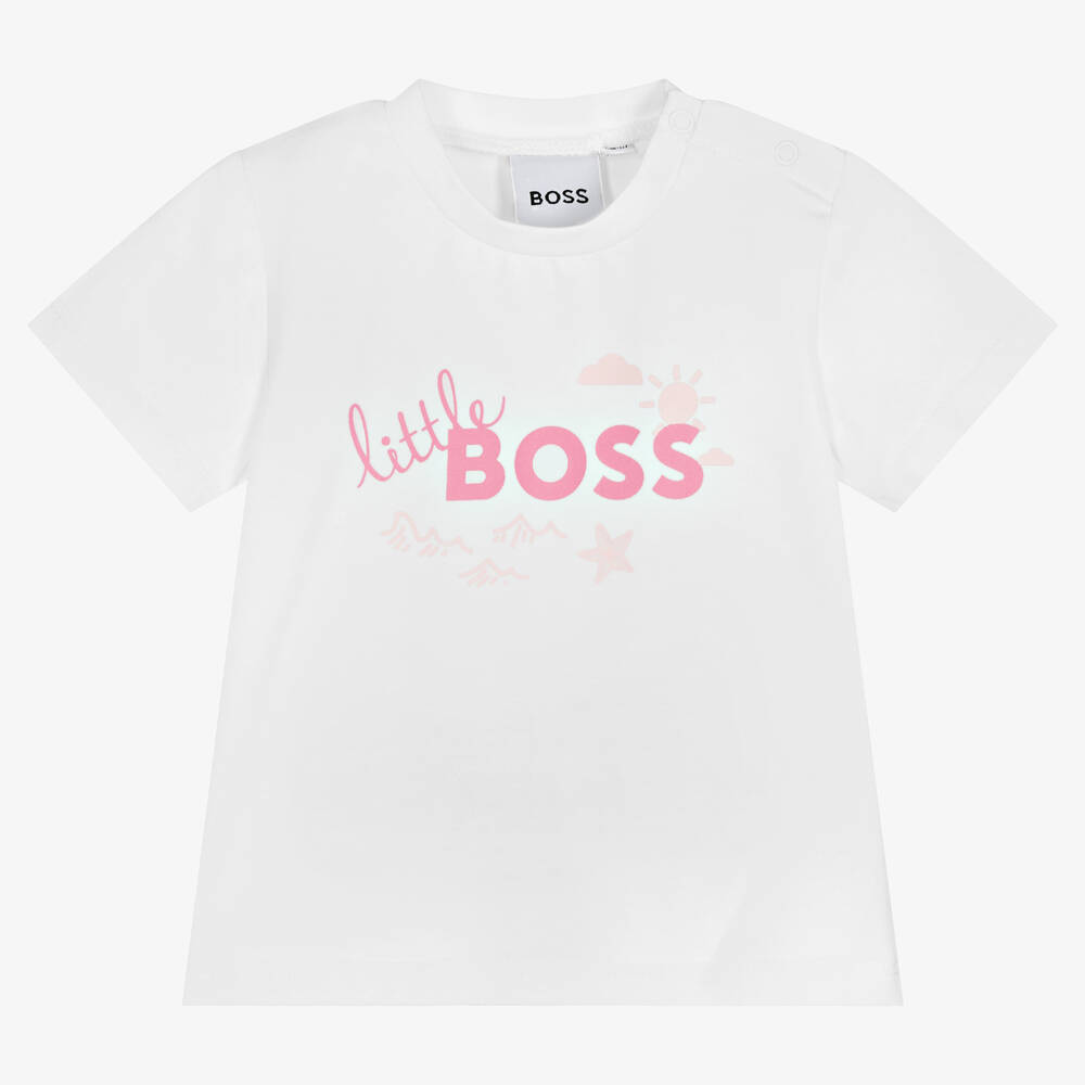 BOSS - Girls White Organic Cotton Logo T-Shirt | Childrensalon