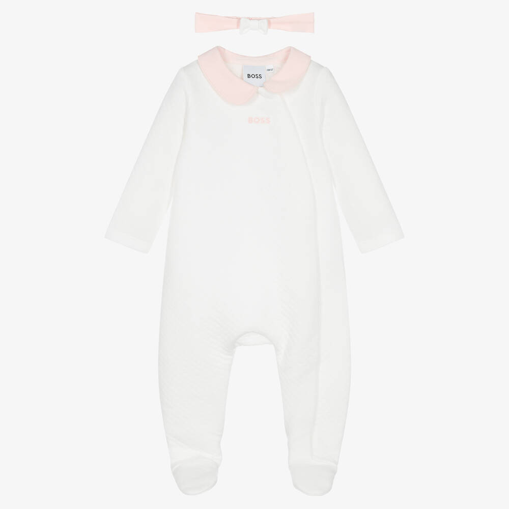 BOSS - Girls White & Pink Cotton Babygrow Set | Childrensalon