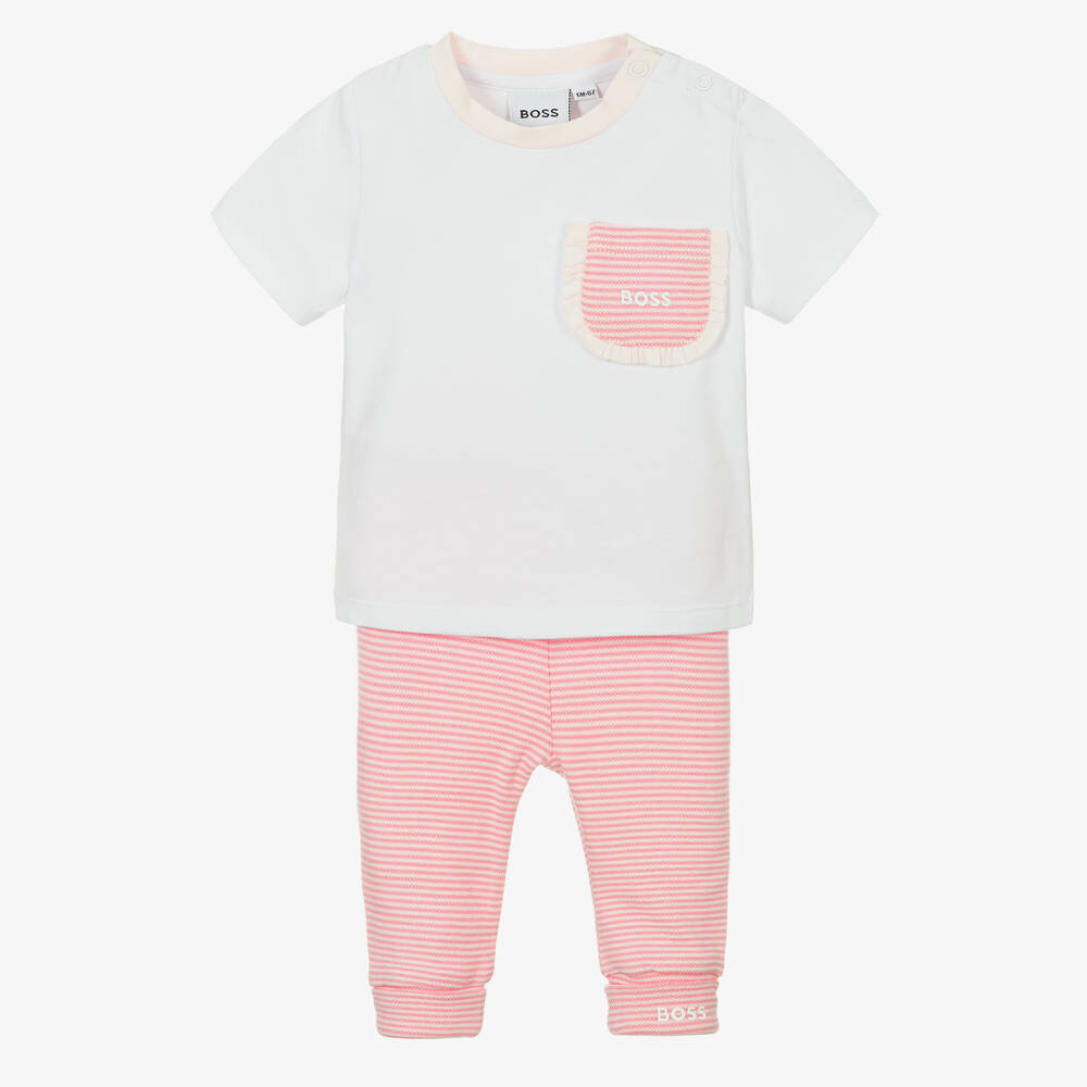 BOSS - Girls White & Pink Cotton Trouser Set | Childrensalon