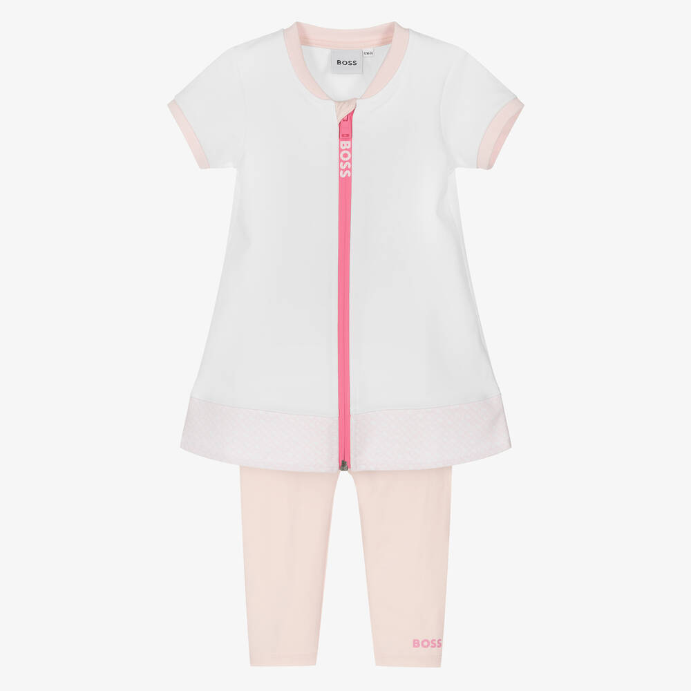 BOSS - Girls White & Pink Dress & Leggings Set | Childrensalon