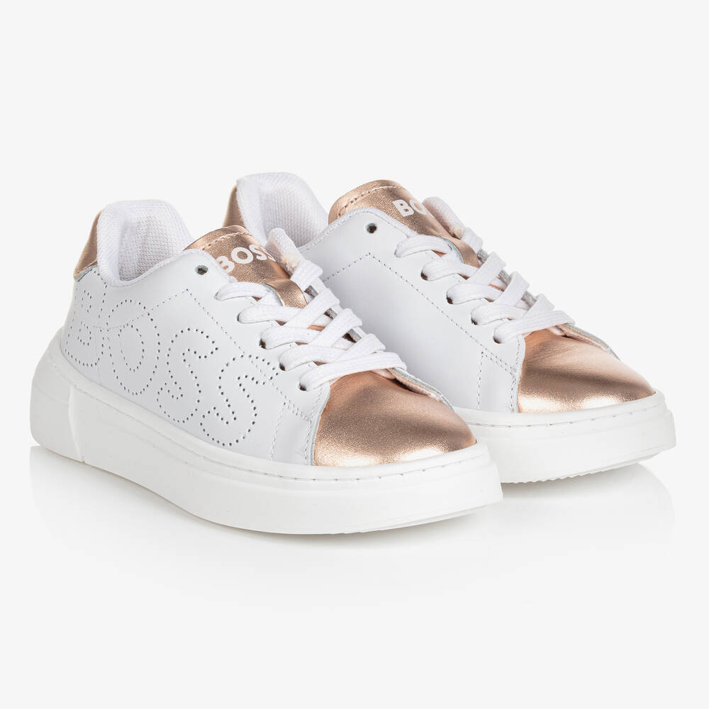 BOSS - Girls White & Rose Gold Leather Trainers | Childrensalon