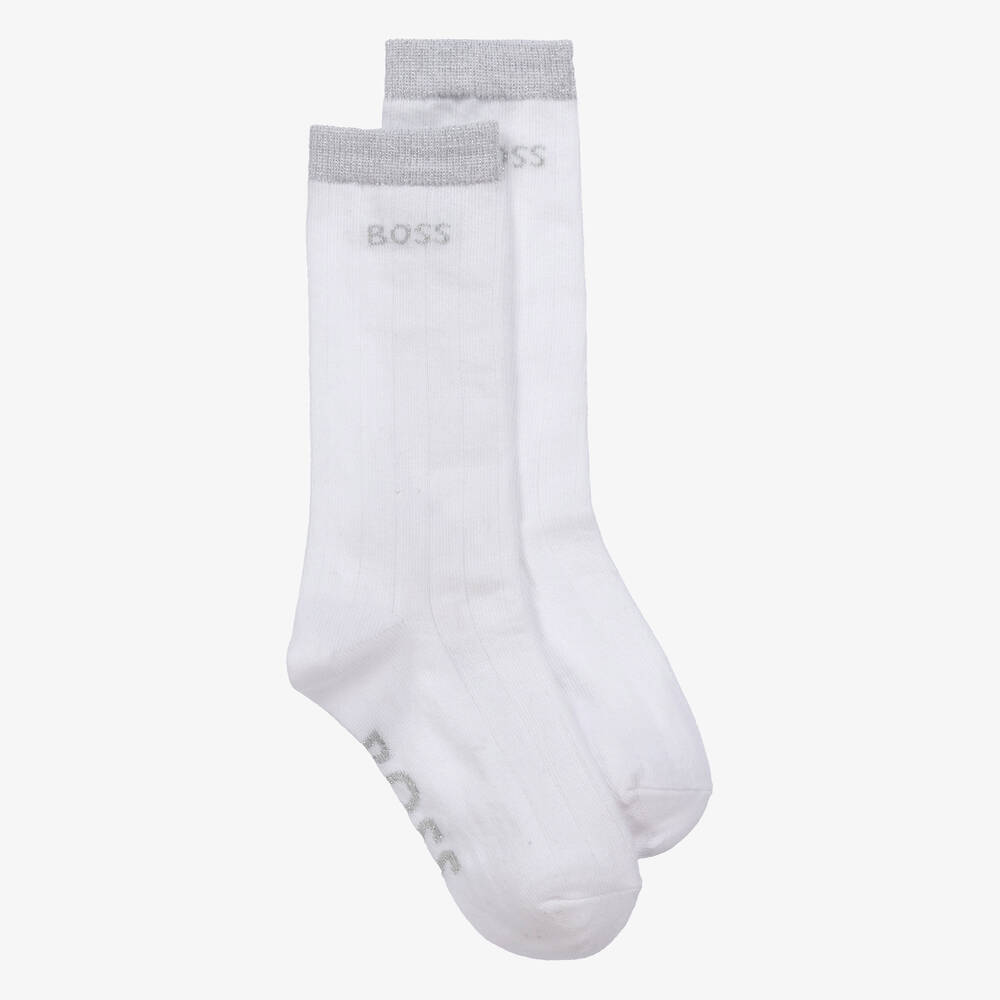 BOSS - Girls White & Silver Logo Socks | Childrensalon