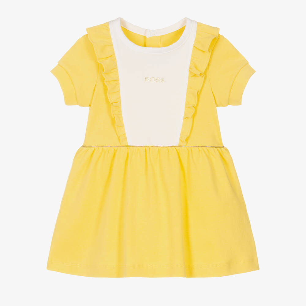 BOSS-Girls Yellow Cotton Logo Dress | Childrensalon Outlet