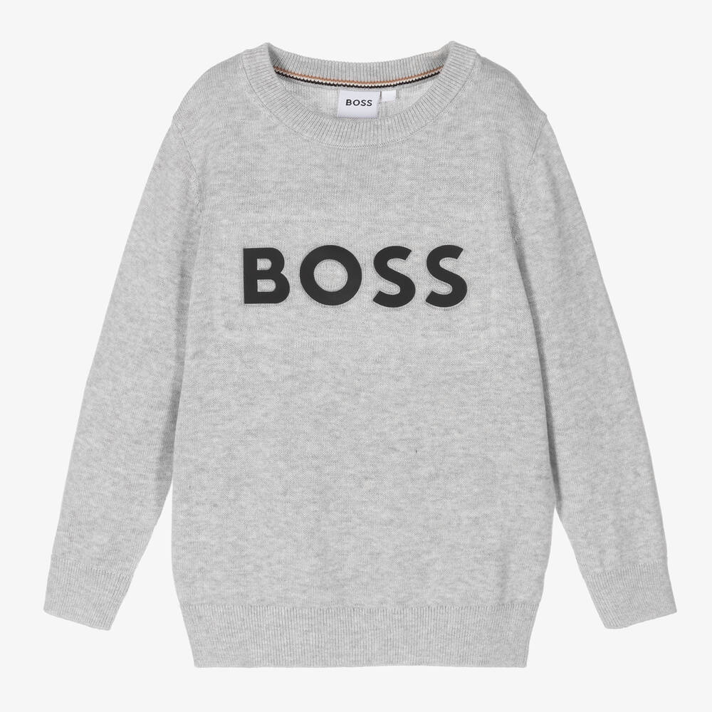 BOSS - Grey Cotton Knit Logo Jumper | Childrensalon