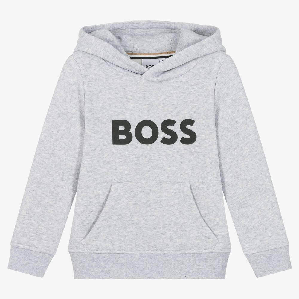 BOSS - Sweat à capuche gris chiné en coton  | Childrensalon