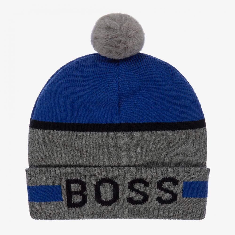 BOSS - Boys Grey & Blue Knitted Hat | Childrensalon