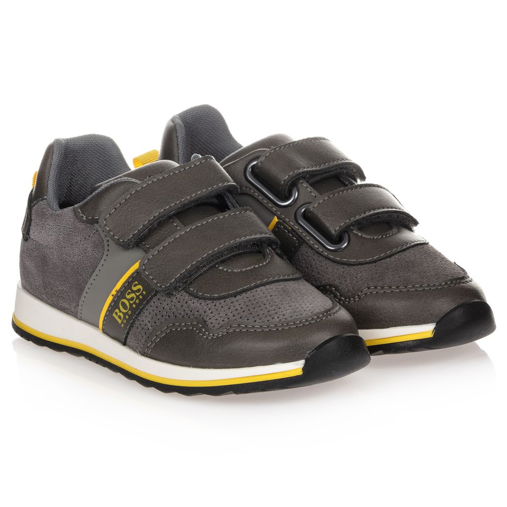 BOSS - Boys Grey Leather Trainers | Childrensalon