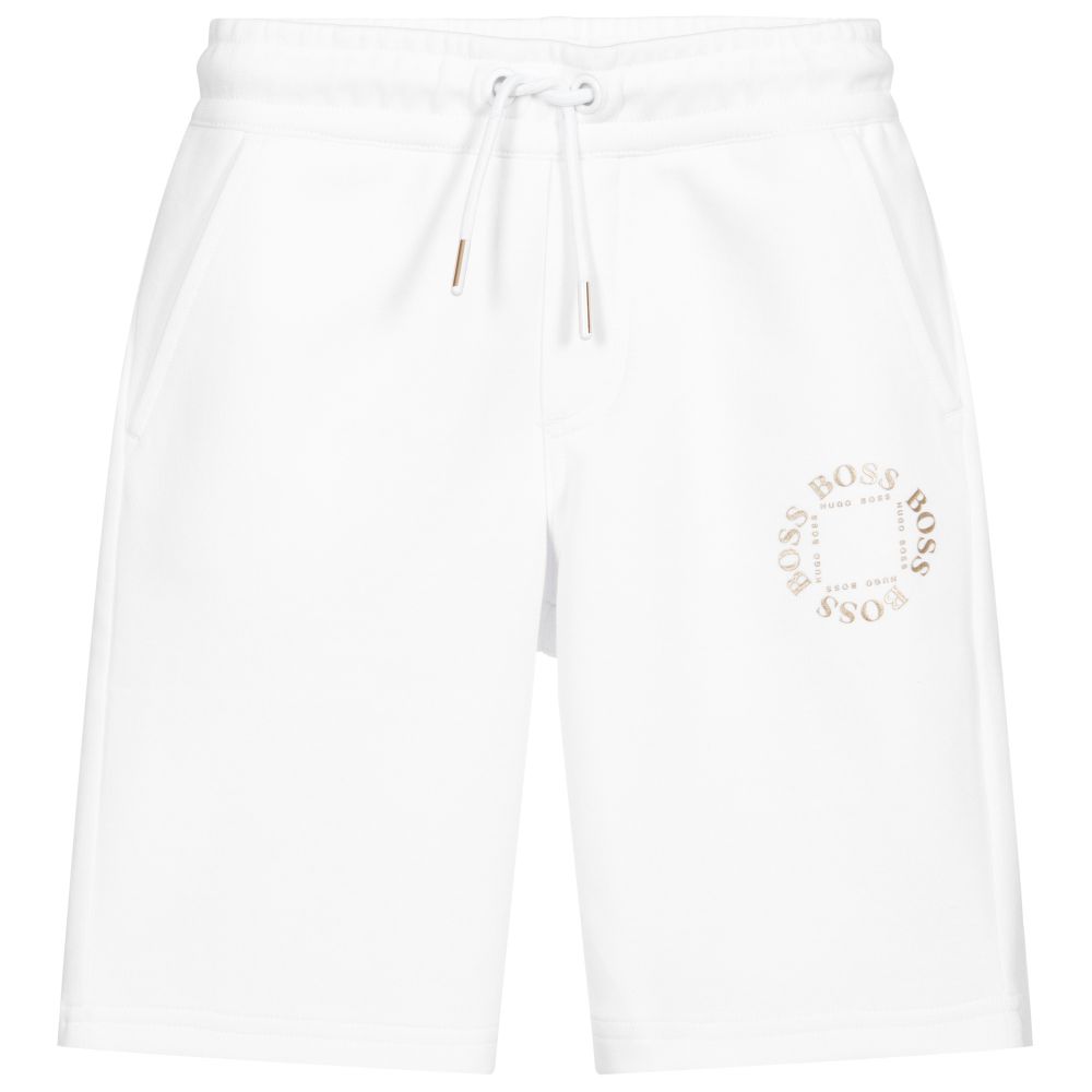 BOSS - White Jersey Gold Logo Shorts | Childrensalon