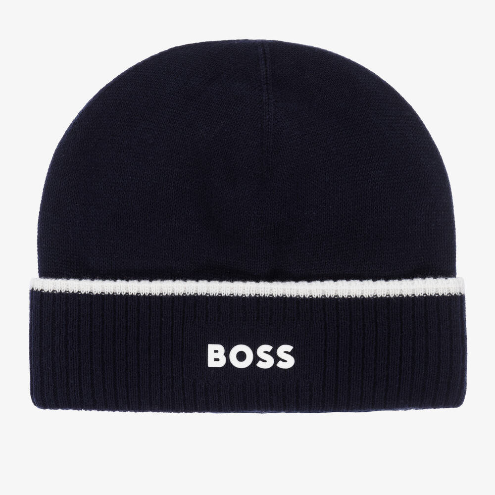 BOSS - Navy Blue Cotton Beanie Hat | Childrensalon