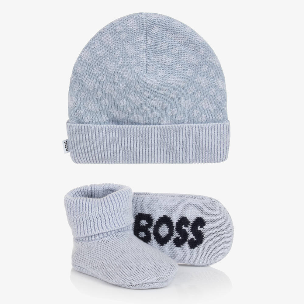 BOSS - طقم هدية قبعة وبوت قطن محبوك لون أزرق للأطفال | Childrensalon