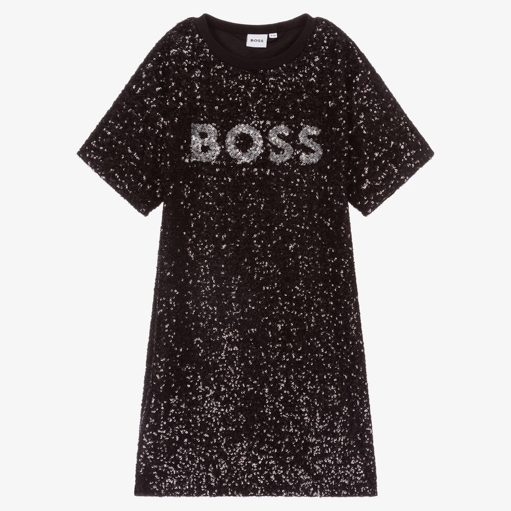 BOSS - فستان تينز بناتي لون أسود مزين بترتر | Childrensalon