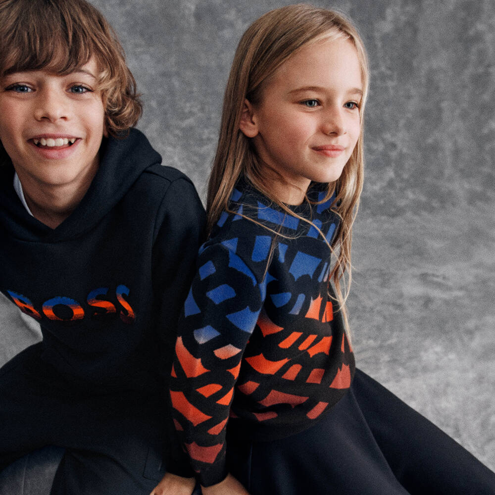 BOSS-بلوفر بطبعة مونوغرام قطن لون أزرق وأحمر | Childrensalon Outlet