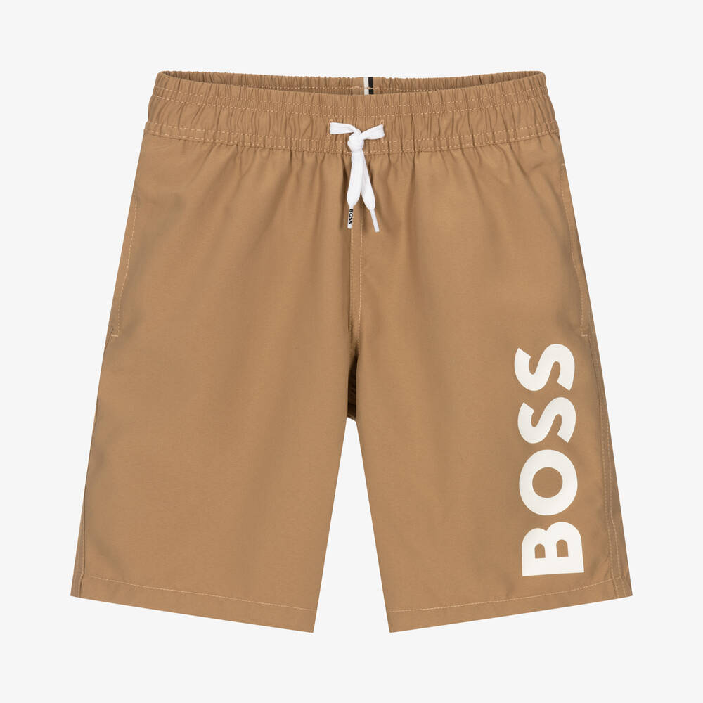 BOSS - Teen Boys Beige Logo Swim Shorts | Childrensalon