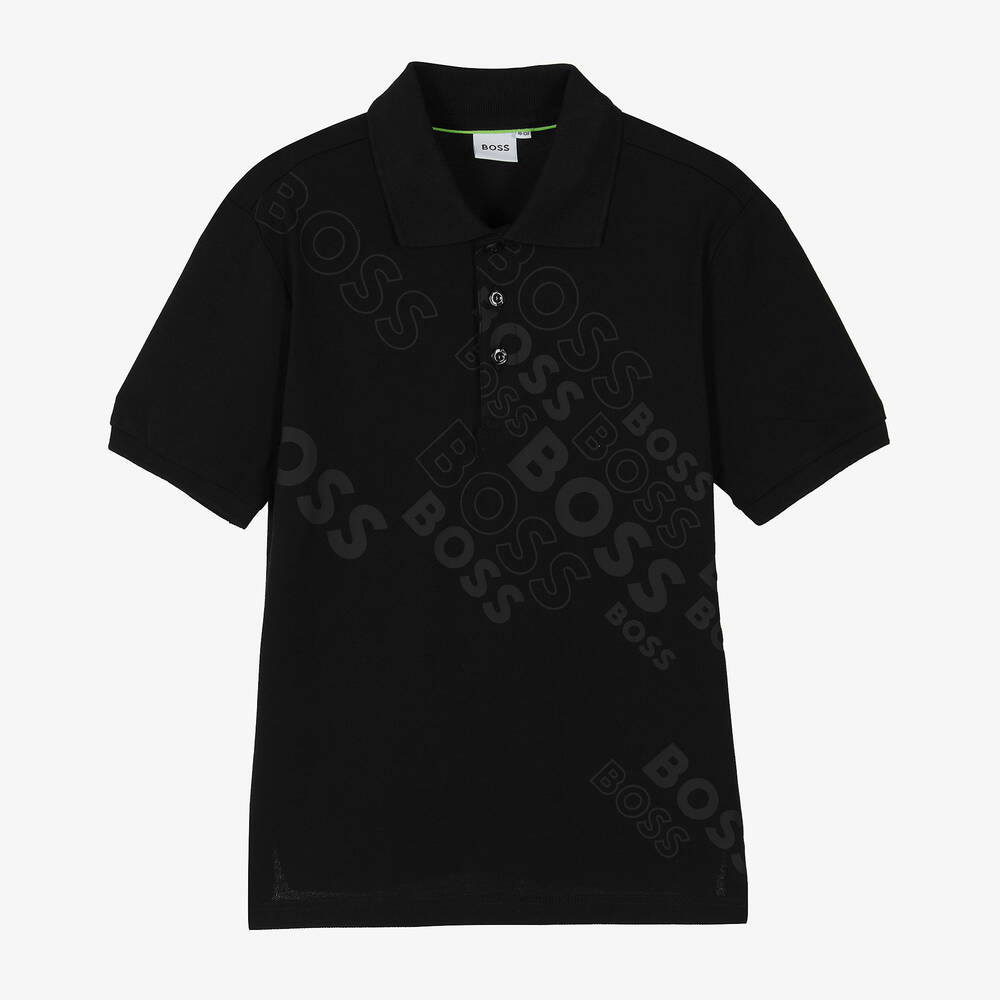 BOSS - Teen Boys Black Cotton Logo Polo Shirt | Childrensalon