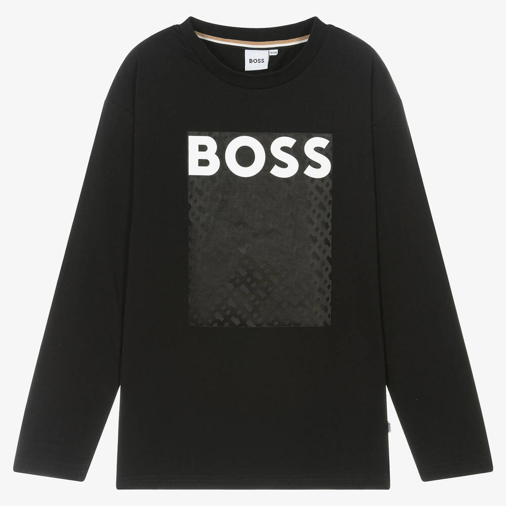 BOSS - Haut noir en coton à monogramme ado | Childrensalon