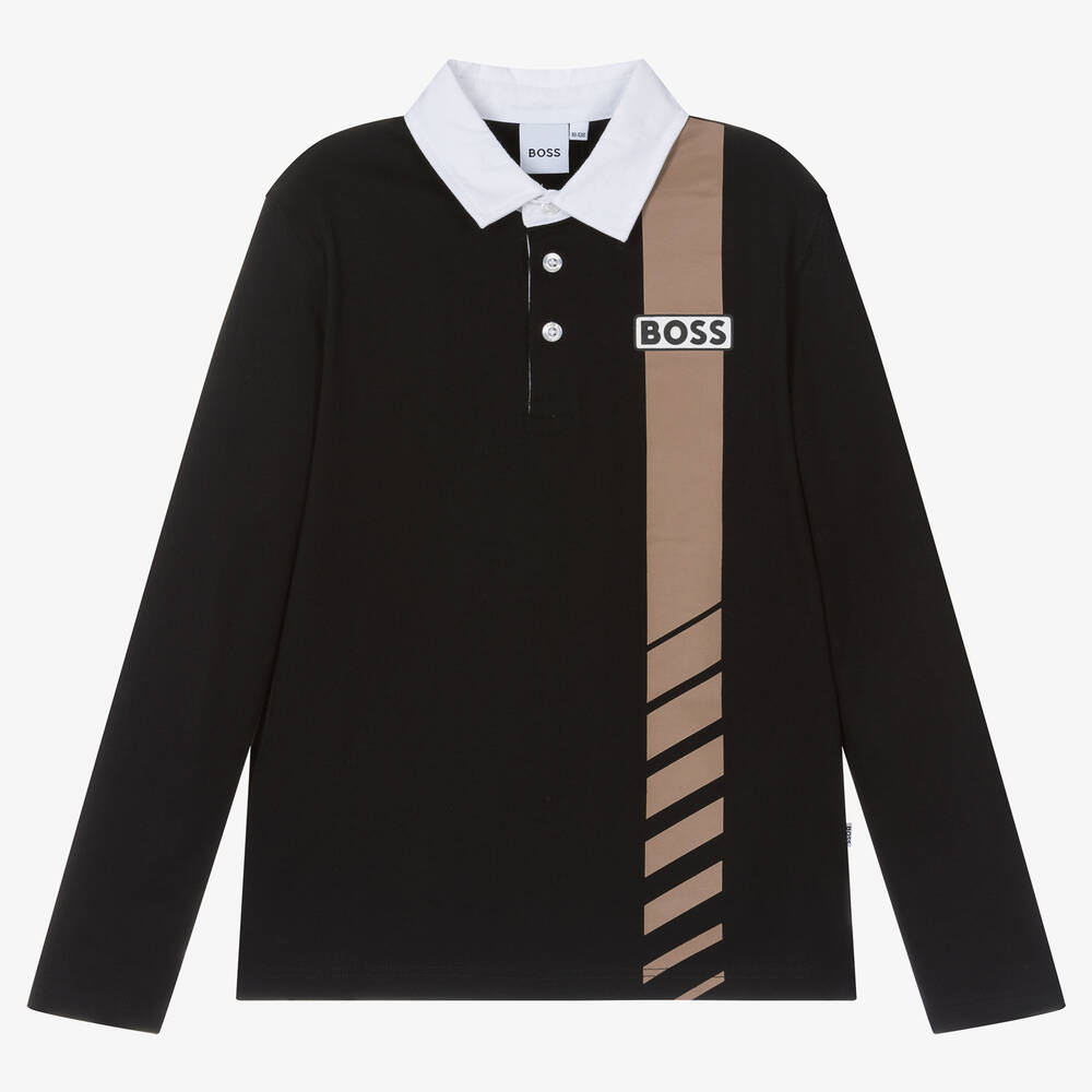 BOSS - Teen Boys Black Cotton Polo Shirt | Childrensalon
