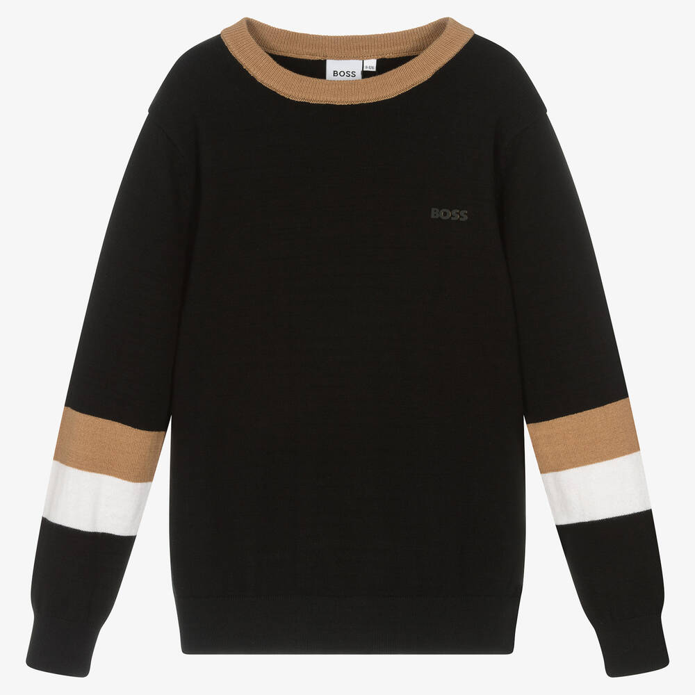 BOSS - Teen Boys Black Cotton & Wool Knit Jumper | Childrensalon