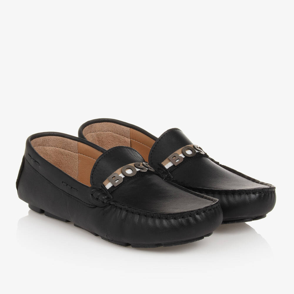 BOSS - حذاء موكاسين جلد لون أسود تينز ولادي | Childrensalon