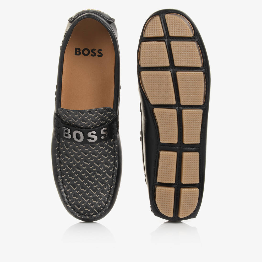 BOSS-حذاء موكاسين جلد لون أسود للمراهقين | Childrensalon Outlet