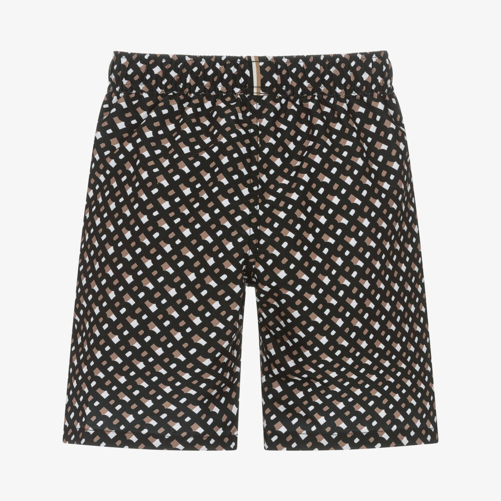 BOSS-Teen Boys Black Monogram Swim Shorts | Childrensalon Outlet