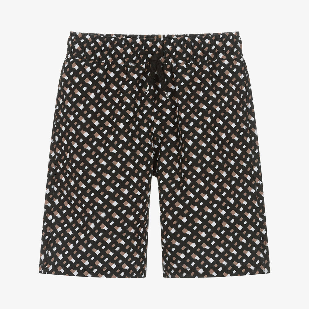 BOSS-Teen Boys Black Monogram Swim Shorts | Childrensalon Outlet