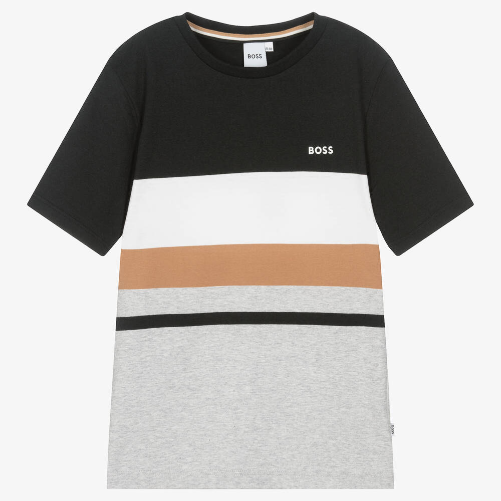 BOSS - Teen Boys Black Stripe Cotton Logo T-Shirt | Childrensalon