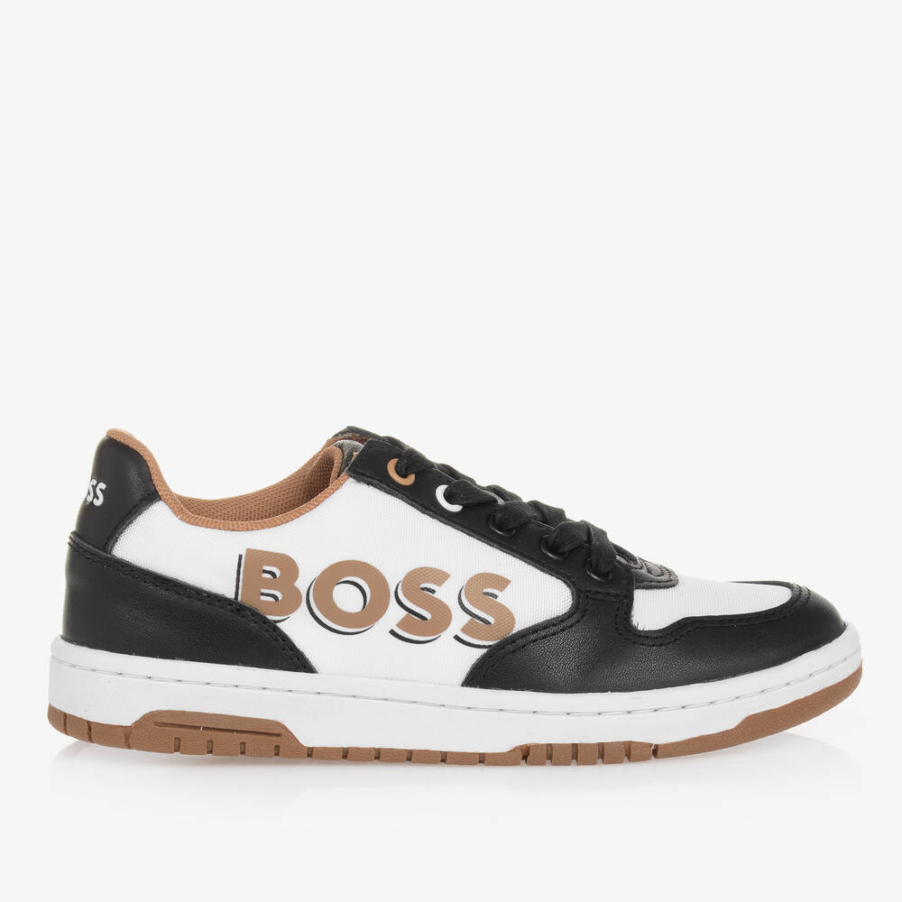 BOSS-Teen Boys Black & White Leather Lace-Up Trainers | Childrensalon Outlet