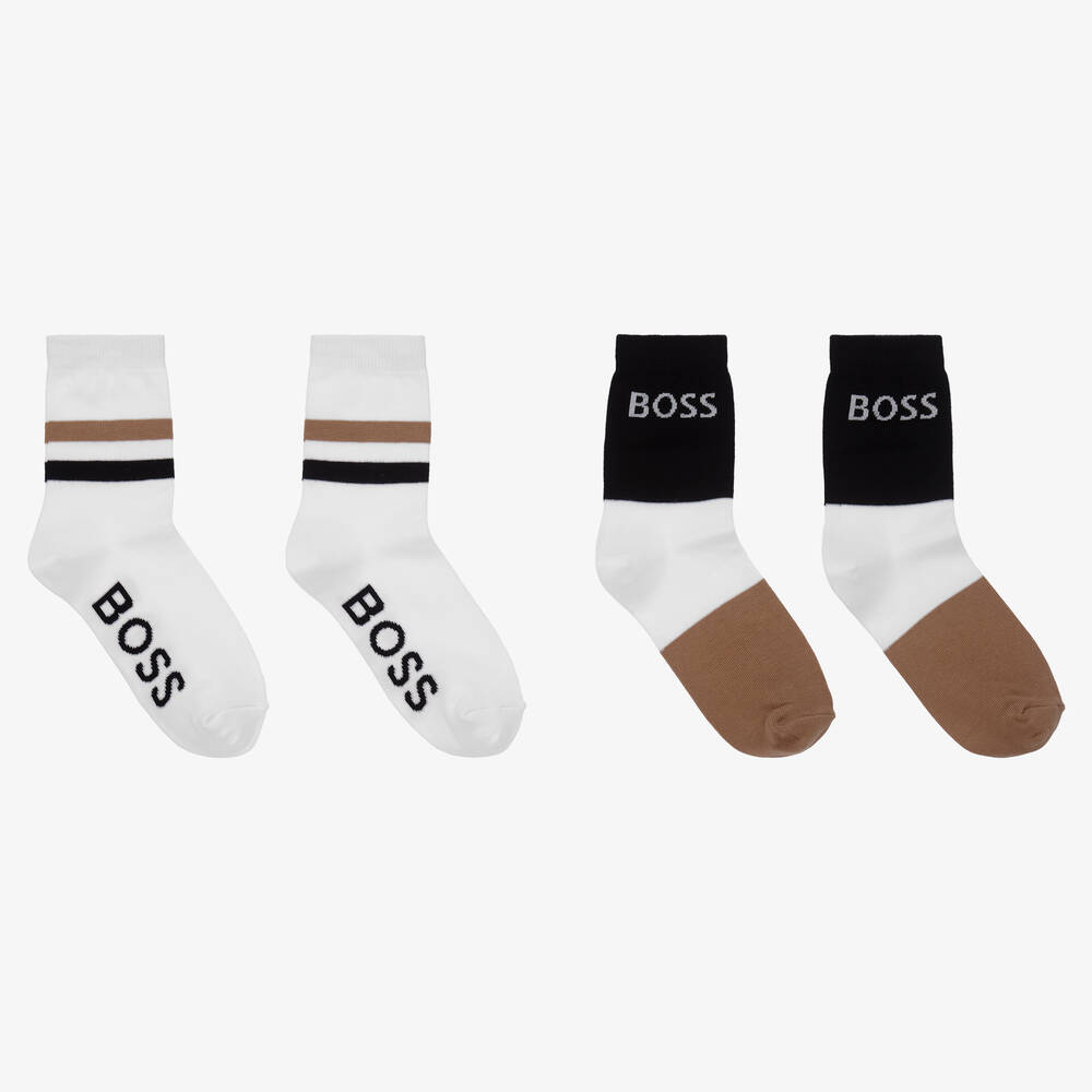 BOSS - Teen Boys Black & White Logo Socks (2 Pack) | Childrensalon