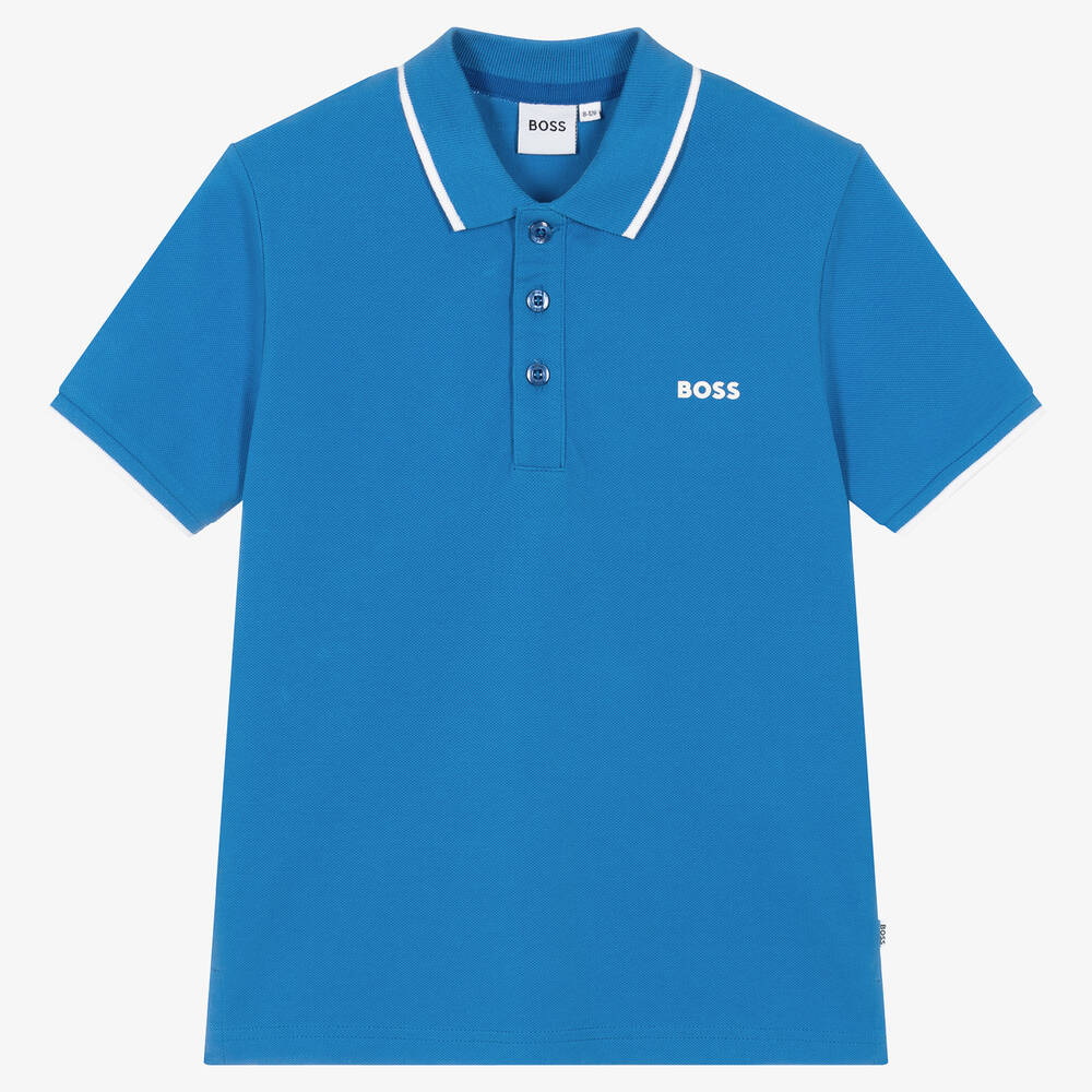 BOSS - Голубая рубашка поло из хлопка пике | Childrensalon