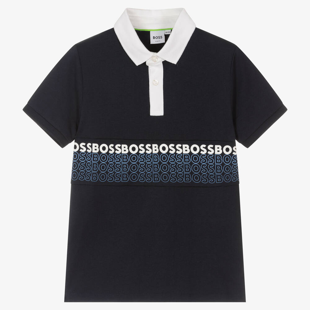 BOSS - Teen Boys Blue Cotton Polo Shirt | Childrensalon