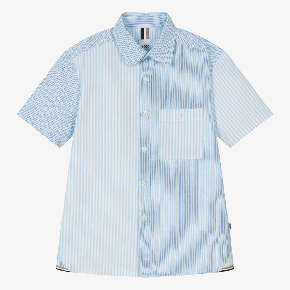 BOSS-Teen Boys Blue Cotton Striped Shirt | Childrensalon Outlet