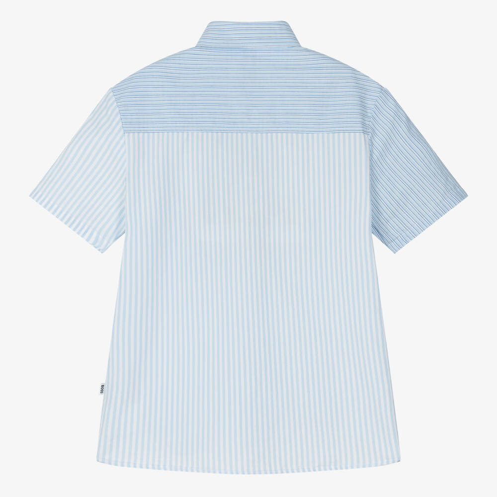 BOSS-Teen Boys Blue Cotton Striped Shirt | Childrensalon Outlet