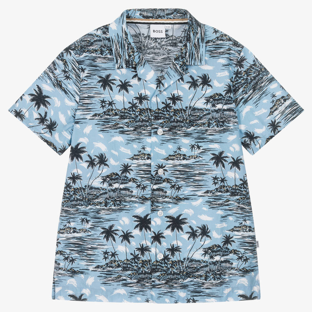 BOSS - Голубая хлопковая рубашка с тропическим принтом | Childrensalon