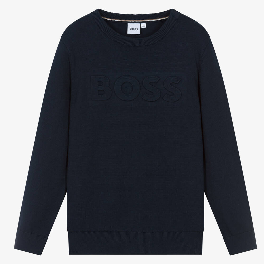 BOSS - Teen Boys Blue Knitted Cotton Sweater | Childrensalon