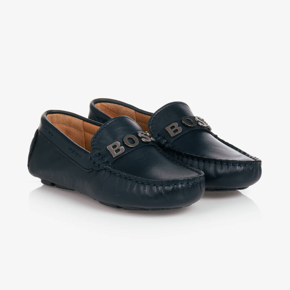 BOSS - Teen Boys Blue Leather Loafers | Childrensalon