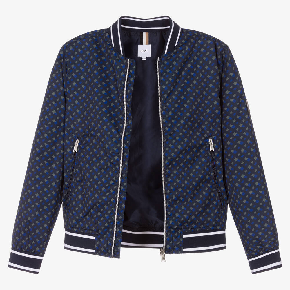 BOSS-Teen Boys Blue Monogram Bomber Jacket | Childrensalon Outlet