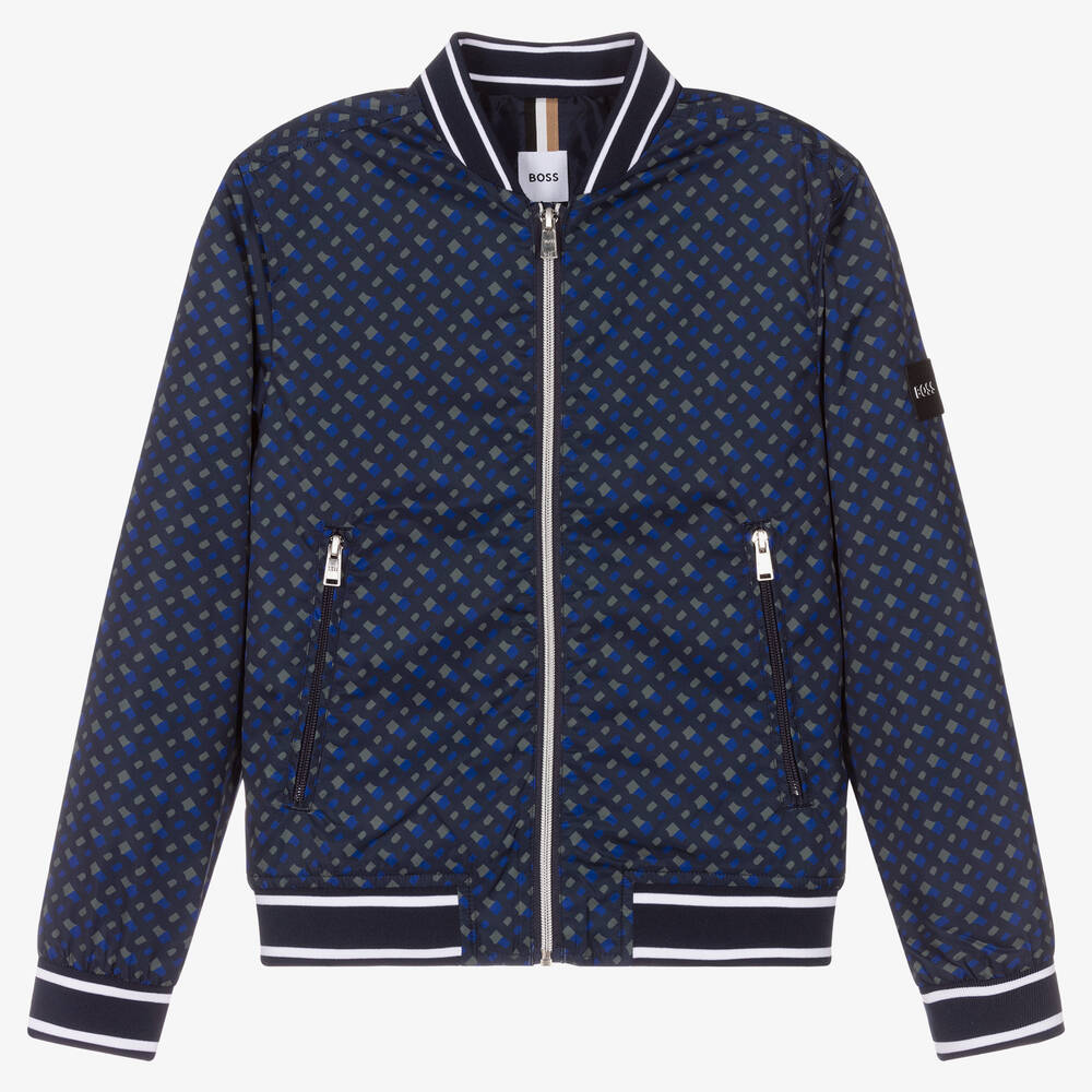 BOSS - Teen Boys Blue Monogram Bomber Jacket | Childrensalon Outlet