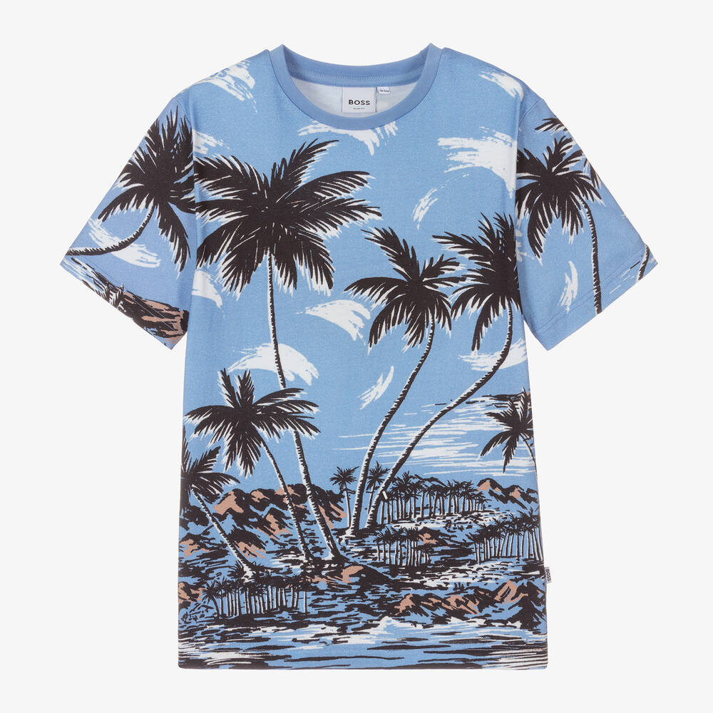 BOSS - T-shirt bleu en coton à palmiers ado | Childrensalon