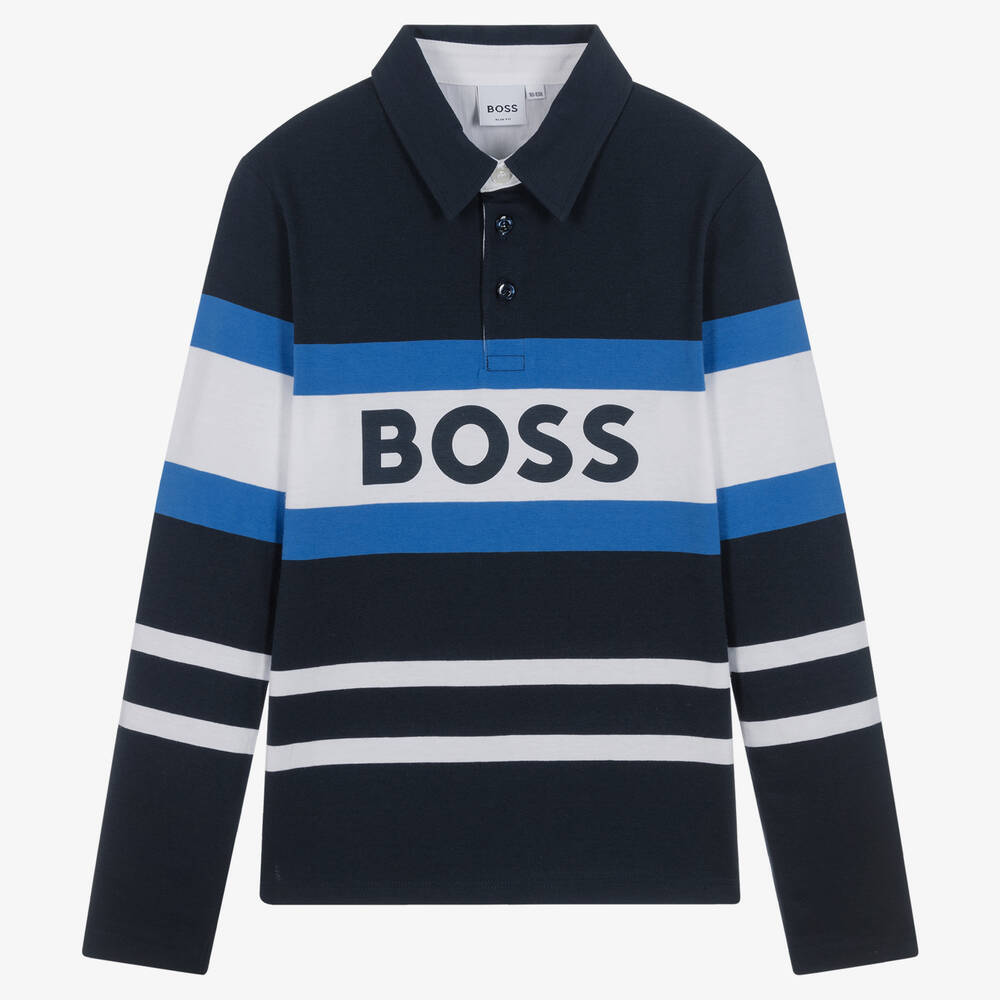 BOSS - Haut bleu rayé en coton ado garçon | Childrensalon