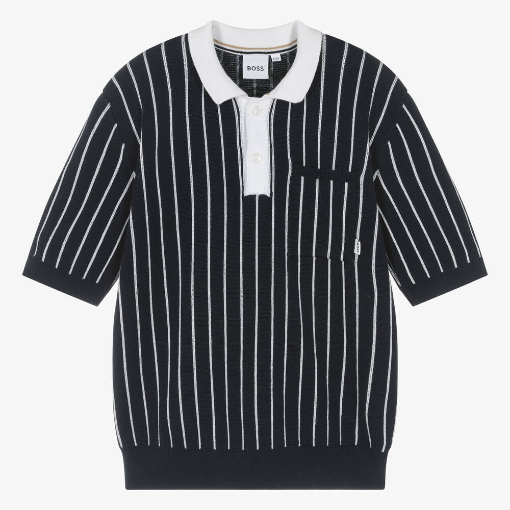 BOSS-Teen Boys Blue Striped Cotton Knit Polo Shirt | Childrensalon Outlet